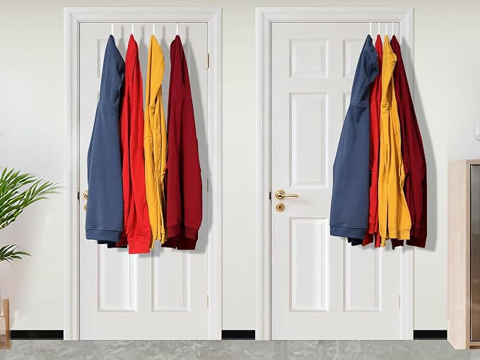 Single Over Thick Front Door Steel Hooks 4 Pack Fit 2" Door 5.5" White | Plastic Coated Rubber Feel Towel Rack Robe Coat Shoe Wreath Hanger No Damage No Scratch for Bathroom Heavy Duty Thin Top