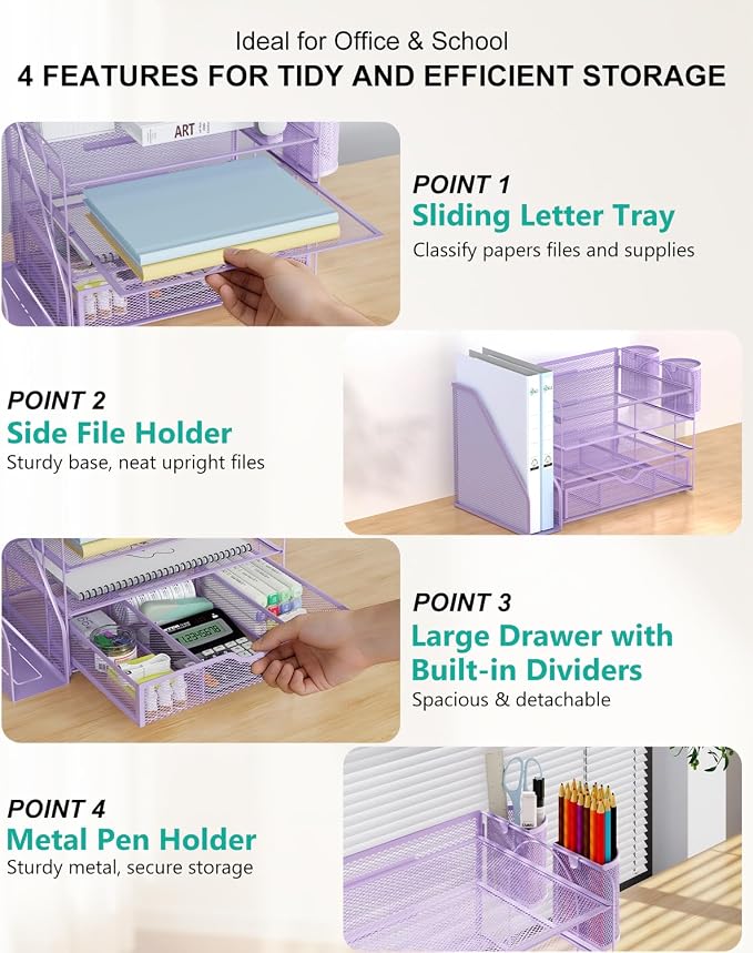WALI Desk File Organizer, 4 Tier Desktop Paper Letter Tray Organizer with Drawer and 2 Pen Holders, Office Desk Accessories & Workspace Organizers for Office, Home Supplies(DO005DH-V), 1 Pack, Purple