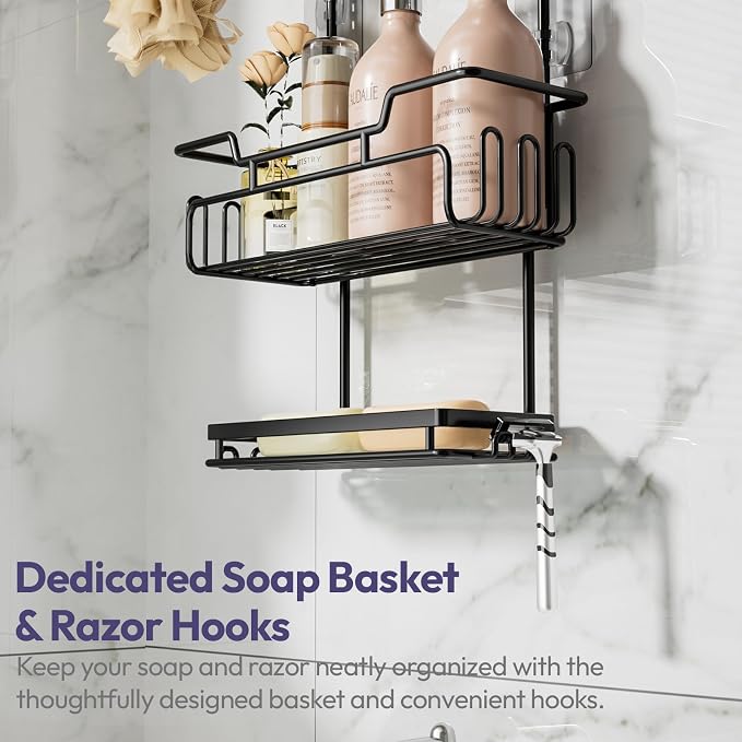 SWTYMIKI Bathroom Shower Caddy Hanging - 3 Tier Rustproof Over Shower Head Organizer, No Drilling Bathroom Shelf with 16 Hooks & Soap Holder, Anti-Swing Rack for Shampoo,Sponge,Towel, Black, Medium