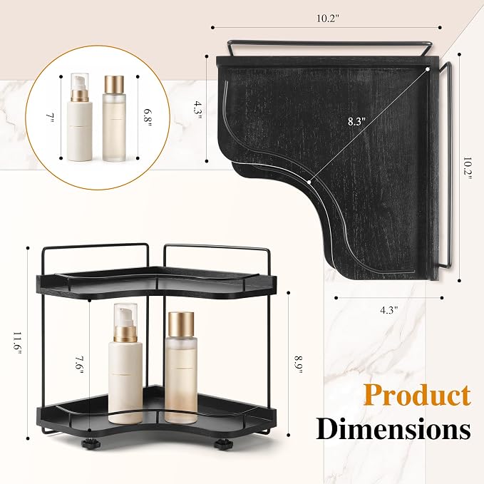 2-Tier Bathroom Counter Organizer, Solid Wood Corner Shelf for Vanity Countertop, Skincare & Makeup Storage Organizer with Metal Frame, Kitchen Counter Storage, Black