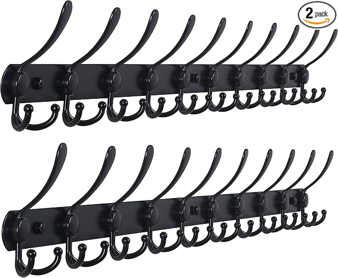 Dseap Coat Rack Wall Mount - 38” Long 10-Tri-Hooks Heavy Duty Coat Hanger Rail Wall Hooks for Hanging Coats Hats Clothing Clothes Purse Mudroom Entryway, Black, Pack of 2