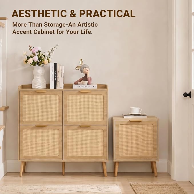 Shoe Cabinet, Rattan Shoe Storage Cabinet for Entryway with Flip Drawers | Singel Drawers, Breathable Rattan, Odor Resistant, Hidden Shoe Organizer, Slim Space Saving, Narrow Cabinet, Entryway Storage