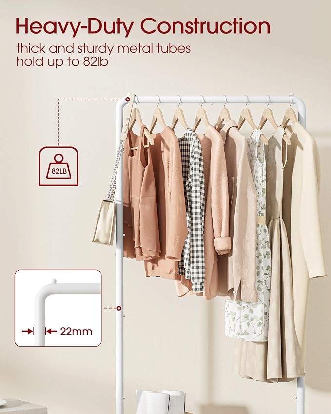 Sakugi Clothes Rack - Clothing Rack with Storage Mesh Shelf & Casters, Heavy-Duty Metal Clothing Rack for Hanging Clothes, Dresses, Coats, Large Load Capacity, Easy Assembly, White, 28.0"x16.9"x59.0"