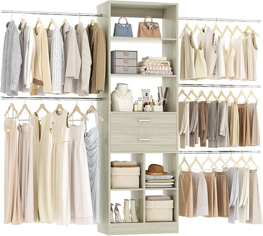Besiost Closet System, 4-8 FT Closet Organizer Systems with 2 Wooden Drawers and 5 Hanging Rods, Can Fit 60 to 96 inch Walk-in Closet System, Greige Oak