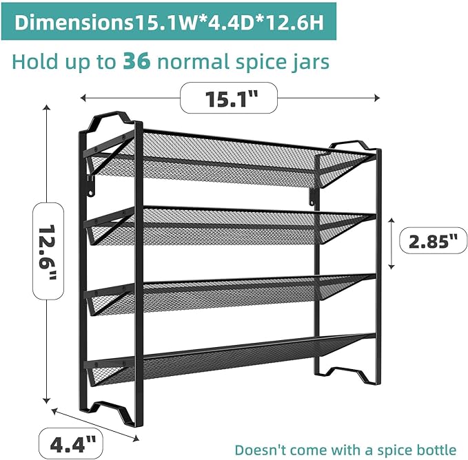 Simple Trending 2 Pack 4 Tier Spice Rack Organizer,Stackable Kitchen Counter Shelves,for Cabinet,Countertop,Pantry, Door or Wall Mount, Metal Mesh,Jars not Included, Black