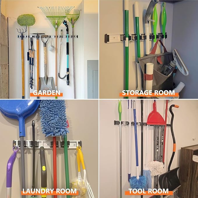 reliahom Broom Holder Wall Mount Mop Hanger Tools organizer 5Racks 4Hooks | Adjustable Mop Broom Wall Hanging Heavy duty Tools Storage Rack Space-saving for Garage,Kitchen,Laundry Room,Garden, Black
