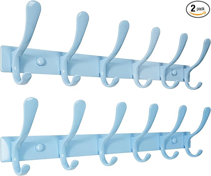 SKOLOO Heavy Duty Wall Mounted Coat Rack - 6 Hooks, Stainless Steel, Pack of 2, Sturdy Coat Hooks for Hanging Clothes, Jacket, Hat, Blue