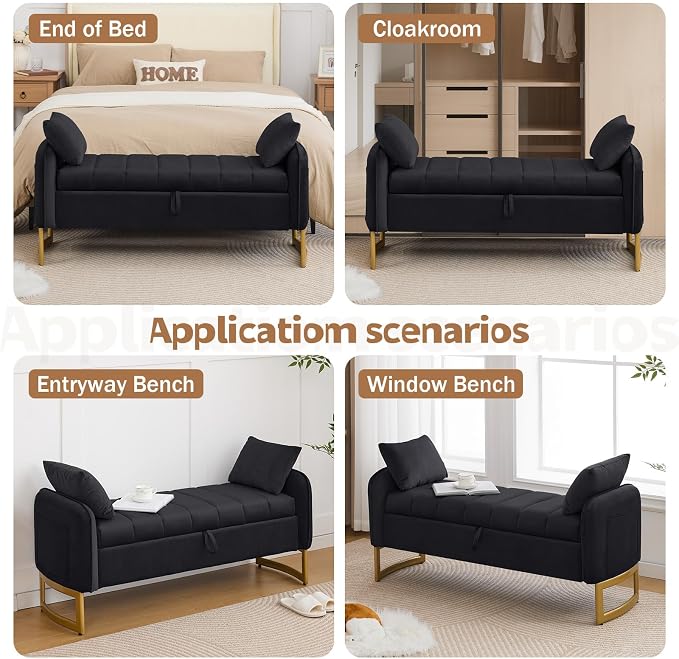 End of Bed Storage Bench, 51'' Velvet Storage Benches for Queen Size Bedroom Foot of Bed, Storage Ottoman Bench with Golden Legs and Pillow for Living Room Window Entryway, Black