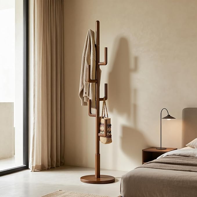 Coat Rack,Solid Wood Cactus Freestanding Coat RackWith 6 L-Shaped Hooks and 3 Adjustable Sizes,Coat Tree for Bedroom, Entryway, Livingroom, Coat Hanger Stand for Coats, Handbags (Walnut)