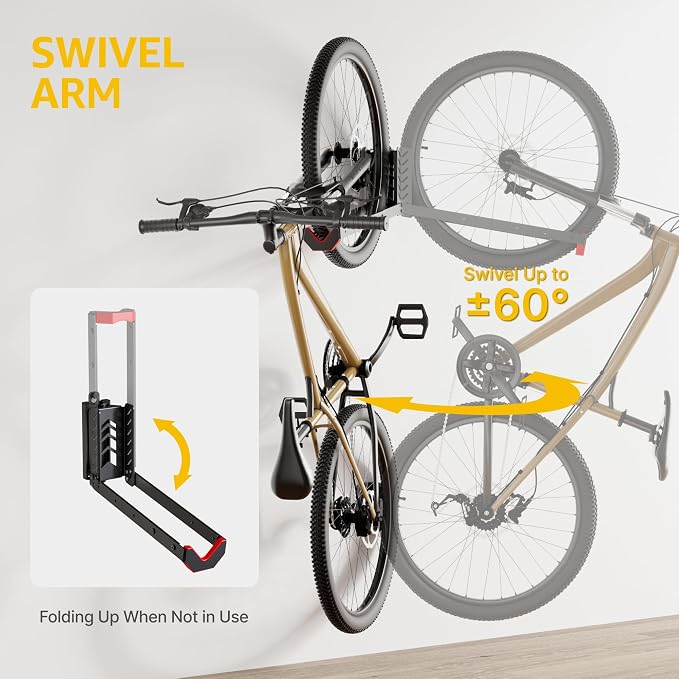 monTEK No-Lift Swivel Bike Wall Mount, Bike Hangers for Garage, 4 Pack | Space-saving bike storage rack pivots 120°; 4 settings fit 16-29 in wheels and tires up to 3.54 in wide; holds 77 lb each