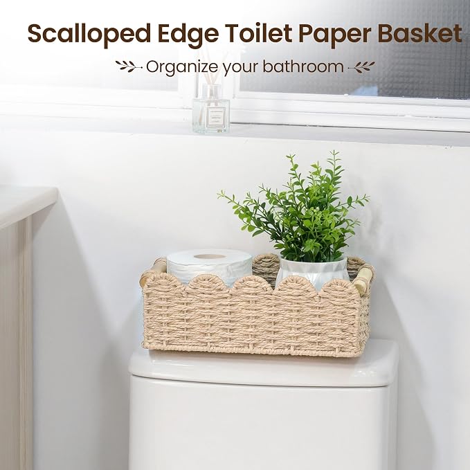 iEGrow Paper Rope Small Storage Baskets for Organizing, Set of 2 Scalloped Edge Wicker Basket with Wooden Handles Toilet Paper Basket for Over Toilet Storage Shelf, Home Decor, Living Room (Beige)