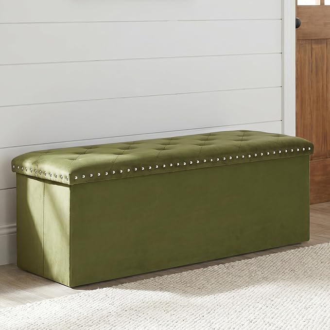 Velvet Storage Ottoman Bench, 43.3" Upholstered Tufted Ottoman with Storage, Folding Footrest Bench for Bedroom, Living Room, or Entryway, Holds up to 660 LBS,Olive