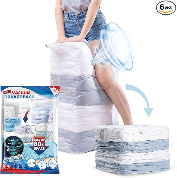TAILI 6 Pack Vacuum Storage Bags, Jumbo Cube (31x40x15 Inch), Clear | Extra Large Vacuum Seal Bags for Clothing, Comforters, Blankets, Pillow, Bedding, No Pump Compression Cube