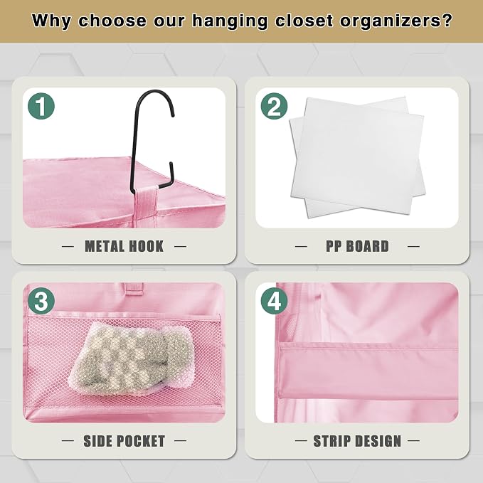 3-Shelf Hanging Closet Organizer, Washable Foldable Storage Shelves, Pink | Front lip keeps items secure; side pockets add room; Oxford fabric handles towels, shirts, baby items, dorms, RVs or travel.