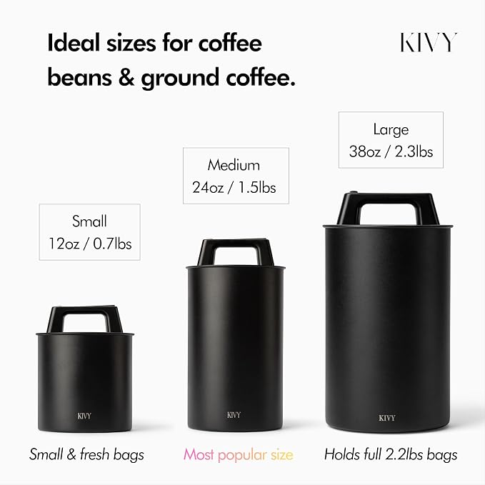 KIVY Vacuum Coffee Canister (Large) - Push Lid Preserves Aroma & Oil - Stainless Steel Airtight Canister - Container for Ground & Coffee Bean Storage - Removes Excess Air