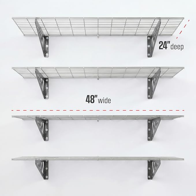 SafeRacks Steel Garage Wall Shelves 4-Pk w/Hooks, 500lb, Hammertone (24x48)