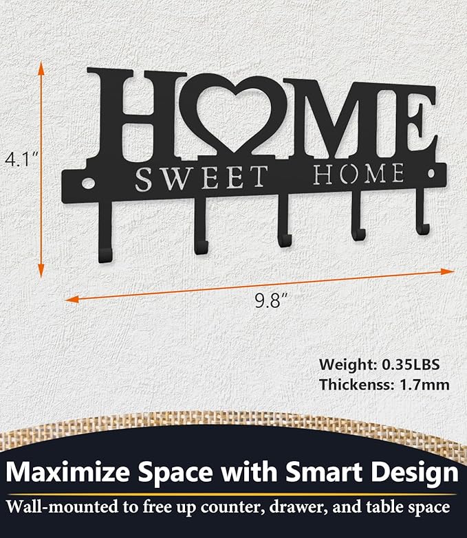 Key Holder Hooks Organizer Hanger Rack Wall Mounted Sweet Home Metal Decor Stylish and Practical for Entryway Front Door Kitchen Hallway Garage Mudroom Office 9.8inches/25cm Hardware Included Black