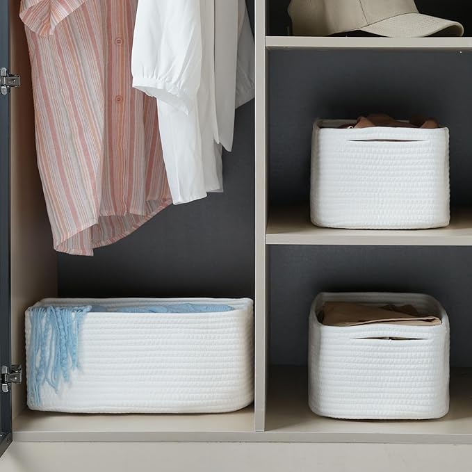 3-Pack Storage Baskets for Organizing | Woven Shelf Toy Basket | Rope Baskets for Gifts Empty | Closet Organizer Bins with Handles | Cube Decorative Box | 13.7×7.1×6.7” | White