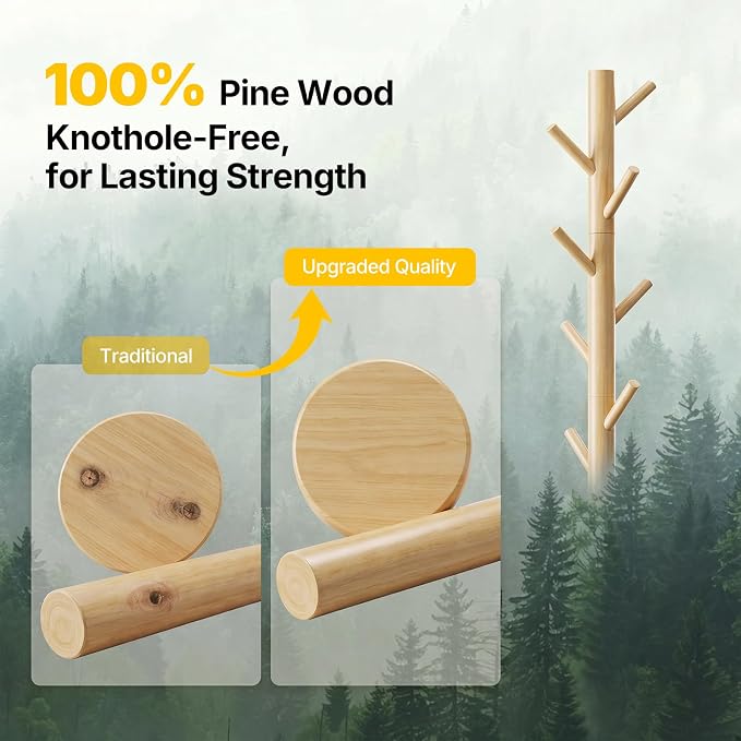 AMADA Solid Wooden Coat Rack Freestanding with 8 Hooks, Natural | 100% solid wood, 3 height options, widened base for stability, tool-free assembly, smooth rods & hooks prevent clothing snags