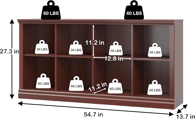 2 Tiers 8 Cube Storage Organizer Bookcase, 54 inch Width Wooden Book Shelf | 8 Storage Cube Adjustable Space Book Case, Horizontal Bookshelf Display Cabinet Organizer for Home Library Office, Mahogany