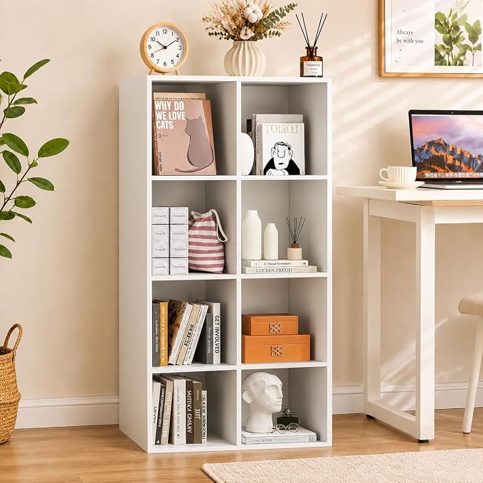 POWERSTONE 8 Cube Storage Organizer, Open Cube Bookshelf with Back Panels, Modern Display Cubby Bookcase for Bedroom Living Room Home Office, White