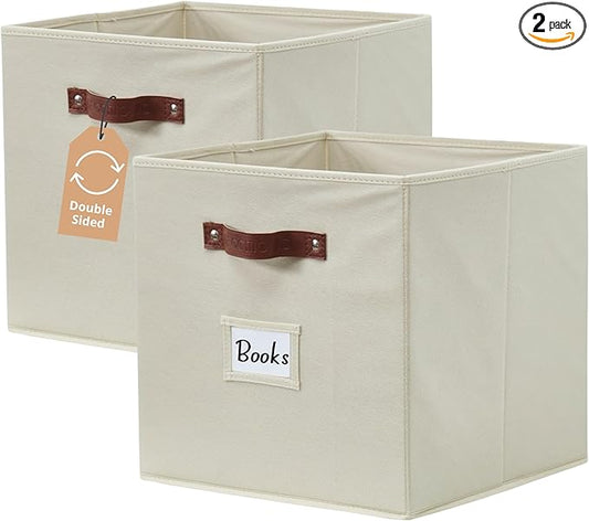 DECOMOMO Storage Bins, Cube Storage Bin with Labels | 10.5" x 11" Fabric Storage Cubes for Shelves (2pcs, Beige)