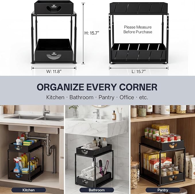 Adjustable Under Sink Organizer, 2 Tier Under Sink Organizers and Storage,Slide Out Metal Cabinet Organizers, Pull Out Cabinet Storage Drawer Shelf for Kitchen Bathroom (2, black)