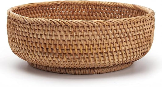 10.6" Large Round Rattan Bread Fruit Basket – Wicker Storage Basket Serving Bowl, Decorative Tabletop Food Basket for Kitchen Counters, Towel Organizer Dining Centerpieces Home Organization (L)