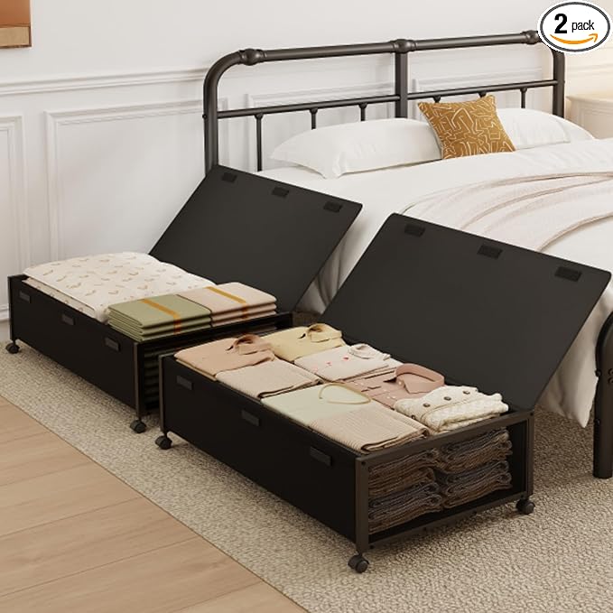 2 Pack Under the Bed Storage Containers,10 inch Height Under Bed Shoe Storage,31inch Long Underbed Storage with Wheels,Large Rolling under bed Clothes Storage Drawers with Lid for Dorm Tall ,Black