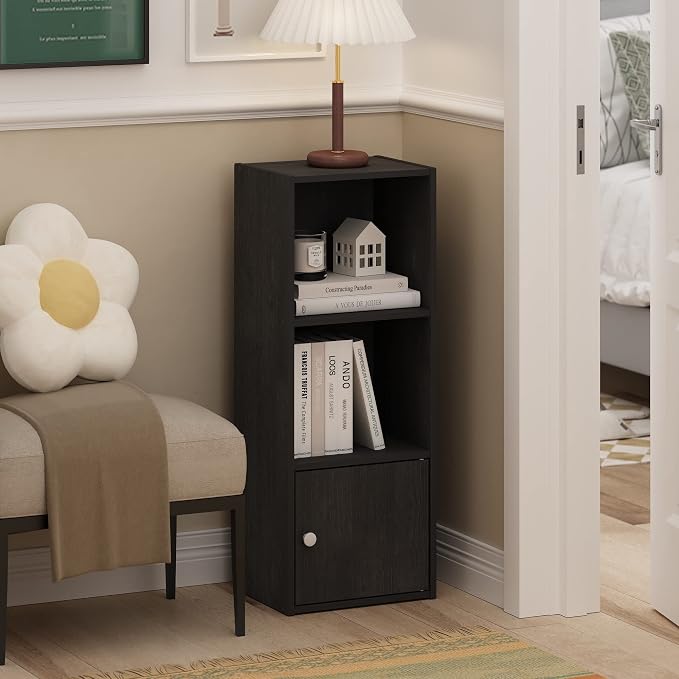 Furinno LUDER Book Shelf, 3-Tier Modern Bookshelf, Bookcase with 1 Door Storage Cabinet, 9.3 x 12 x 31.5, for Organization and Storage, for Living Room, Bedroom, Home Office, Blackwood