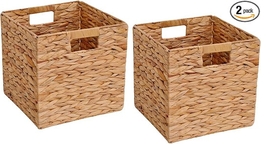12x12x12 Inch Wicker Storage Basket Set of 2 Foldable Hyacinth Storage Box | Handmade Woven Basket for Closet,Shelf Organization & Decor - Natural