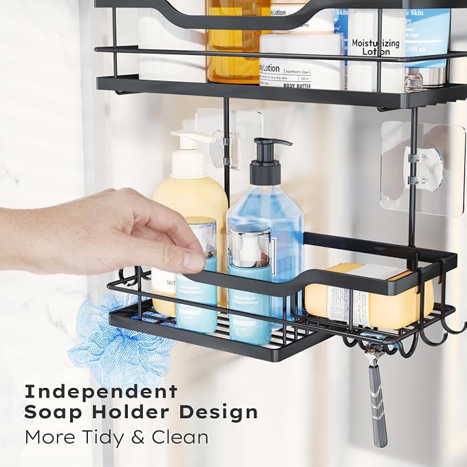 Consumest Over Door Shower Caddy - 2 Tier Shower Shelves Hanging with Soap Holders, Large Capacity Shower Organizer with 4 Hooks, Bathroom Rack and Storage, Black