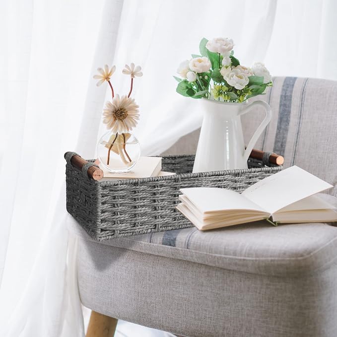 Round Paper Rope Storage Basket Wicker Baskets for Organizing with Handle Decorative Storage Bins for Countertop Toilet Paper Basket for Toilet Tank Top Small Baskets Set,Grey