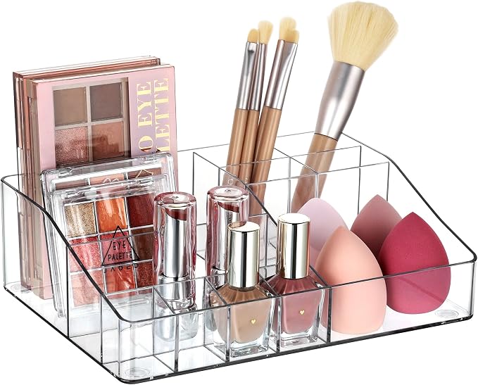 Vtopmart Clear Plastic Devided Makeup Organizer Tray | Cosmetic Storage, For Dresser Countertop and Bathroom Vanity, Beauty Holder for Lipstick Brush Skincare