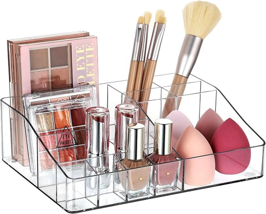 Vtopmart Clear Plastic Devided Makeup Organizer Tray | Cosmetic Storage, For Dresser Countertop and Bathroom Vanity, Beauty Holder for Lipstick Brush Skincare