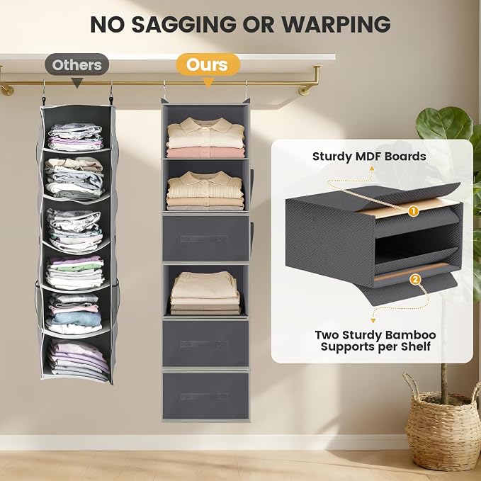 Hanging Closet Organizer 6-Shelf with 3 Drawers & Side Pockets, Closet Organizers and Storage for Dorm, Nursery & Wardrobe Organization, Hanging Shelf Clothes Organizer for Sweaters, Shoes, Gray