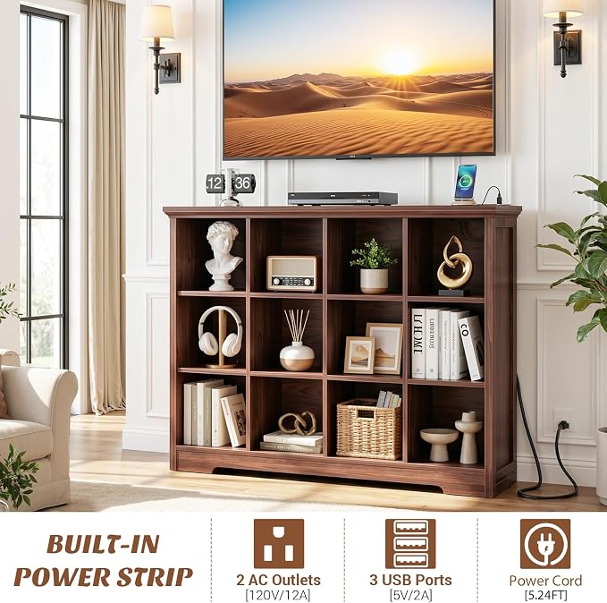 Aheaplus Wooden 12-Cube Storage Organizer with Charging Ports, Modern Cube Bookcase with Base, 4-Tier Floor Standing Open Cubbies Bookshelf, Cubicle Display Shelf for Home and Office, Black Walnut