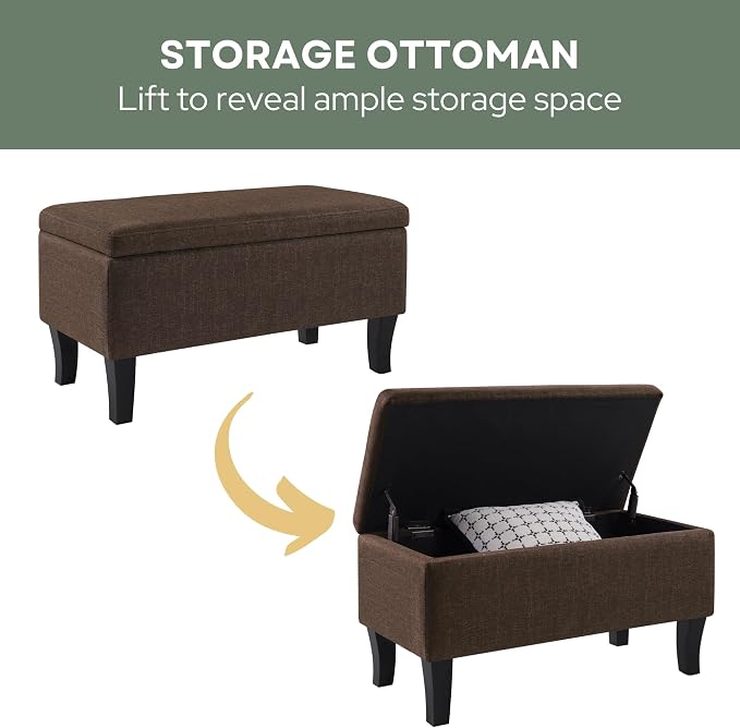 Convenience Concepts Designs4Comfort Winslow Storage Ottoman Bench 32" - Transitional Upholstered Footstool & Seat, for Living Room, Entryway, Hallway, & Bedroom, Medium Brown Fabric