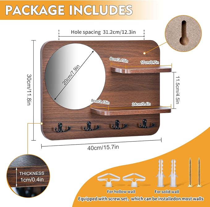 Coat Rack with Shelf Rustic Wooden Wall Mounted Hanging Coat Rack with Mirror Shelves and 4 Double Hooks Decorative Entryway Hook Shelf for Hallway Living Room Bedroom 16"x12" (Brown S)