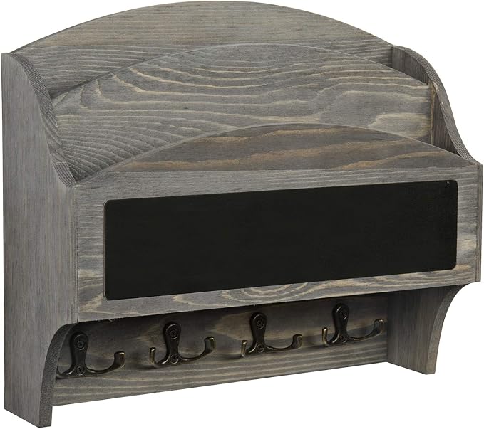 MyGift 2-Compartment Vintage Gray Wood Wall Mounted Entryway Mail Organizer Letter Sorter with Chalkboard Label Surface and 4 Double Key Hooks