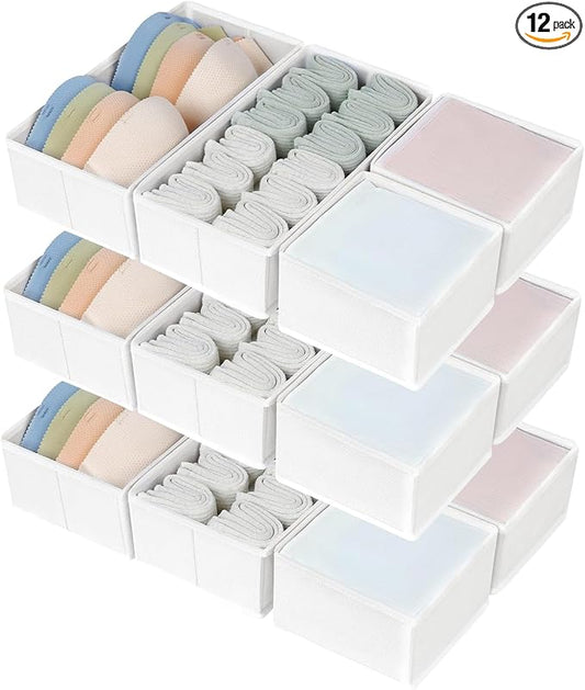 DIMJ Drawer Organizers Clothes, Set of 12 Dresser Organizer Bins, Fabric Closet Organizers and Storage, Shallow Drawer Dividers for Nursery, Clothing, Baby Clothes, Socks, Underwears, Tie (White) | for Baby Nursery Drawers To Sort Socks, Bibs, for Clos...