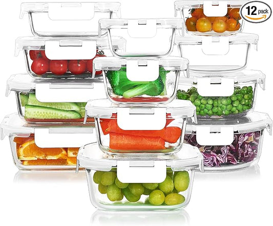 24 Pieces Glass Food Storage Containers Set, Meal Prep Containers, BPA-Free Airtight Glass Storage Containers with lids,Freezer, Microwave and Oven Safe,White