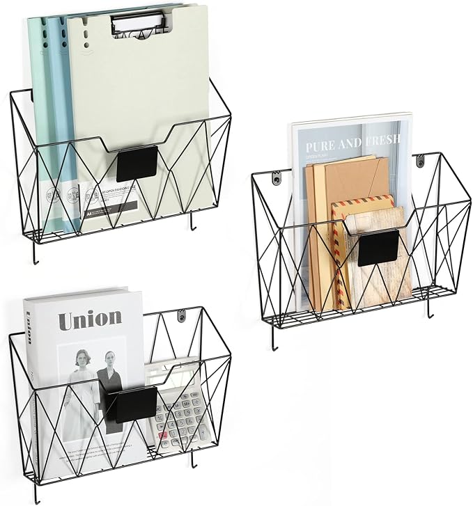 Wall File Organizer, 3 Pack Metal Wall Basket File Holder for Home Office | Vertical Hanging File Organizer, Mail Organizer Wall Mounted Magazine with Label Slot & Hooks, Sorts papers, Mails & Supplies