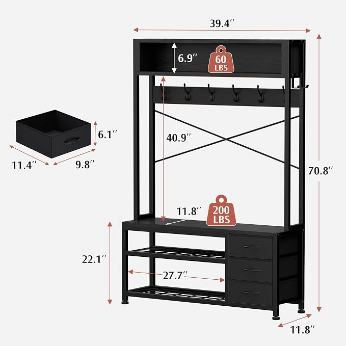 Hall Tree with Bench and 3 Drawers Storage, 39.4" Coat Rack Freestanding