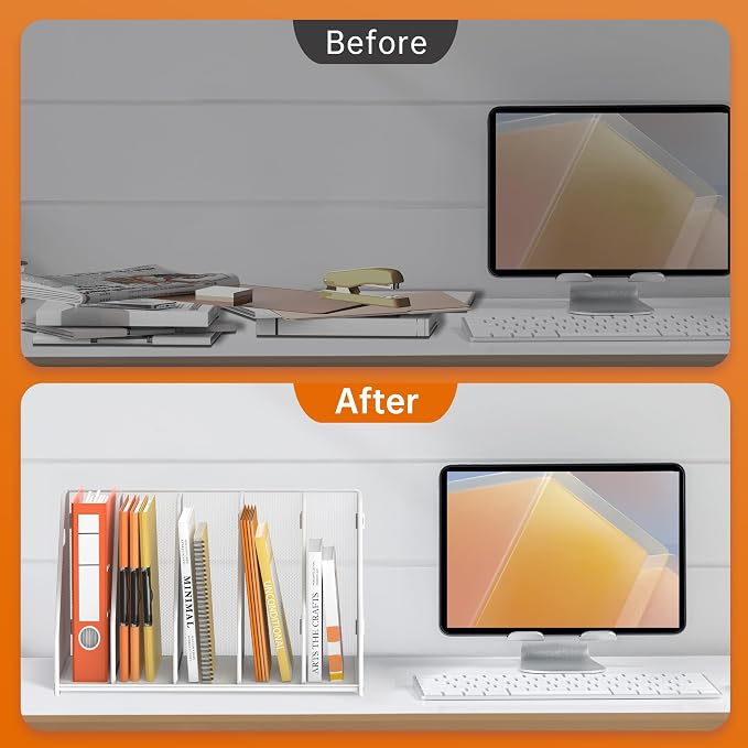 SUPEASY Binder Organizer, Magazine File Holder with 5 Vertical Rack, White | Metal Desk File Organizer & Binder Holders, Magazine Organizers for Office Desktop, Home, School, Classroom