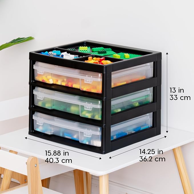 IRIS USA Desk Organizer |Made in USA| 3-Tier Cases - Black/Clear | Fits 12"x12" Paper, Built-In Handles, Storage Unit with Supply Top for Craft, Art, Office Supplies, Pens & Pencils
