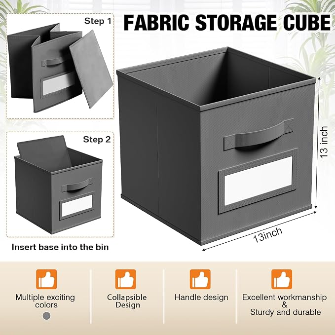 Teenyyou 10 Pack Fabric Storage Cubes 13 Inch Collapsible Cube Bins with Label Window & Handle Foldable Organizers Baskets for Shelf Closet Nursery Kids Room Clothes Book Toy(Gray)