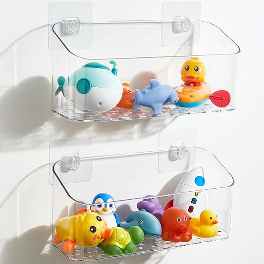 2 Pack Clear Bath Toy Storage Organizer for Baby & Toddler Shower | Large Quick-Drain Shower Caddy, Perforated Fast Draining Bath Toy Holder Storage Basket for Baby, Toddler and Kids Bathroom