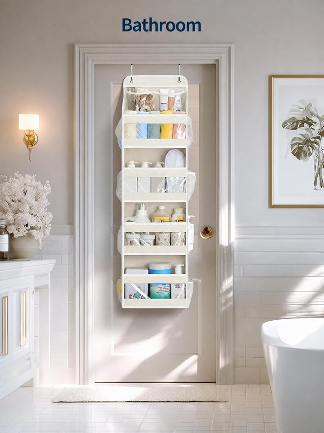 Yecaye 5 Tier Over the Door Organizer, Swing-proof Door Organizer Hanging with Clear PVC Windows, Behind the Door Storage for Bedroom Nursery Closet Laundry Pantry Bathroom, Cream White