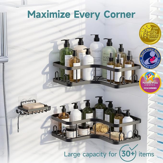 Veken Corner Shower Caddy 3-Pack, Advanced Rustproof Design&Stable Storage | No Drilling Adhesive Shelves, Rack with Soap Holder & Hooks, Thickened Metal Frame, Bathroom Organizers and Storage, Blac